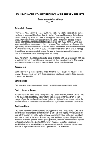 Shoshone County Brain Cancer Survey Results